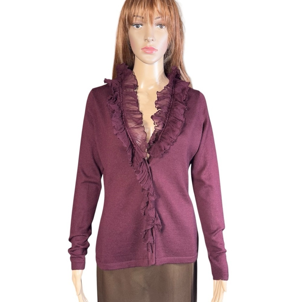 Tahari Wool Silk Ruffle Burgundy Cardigan Size S